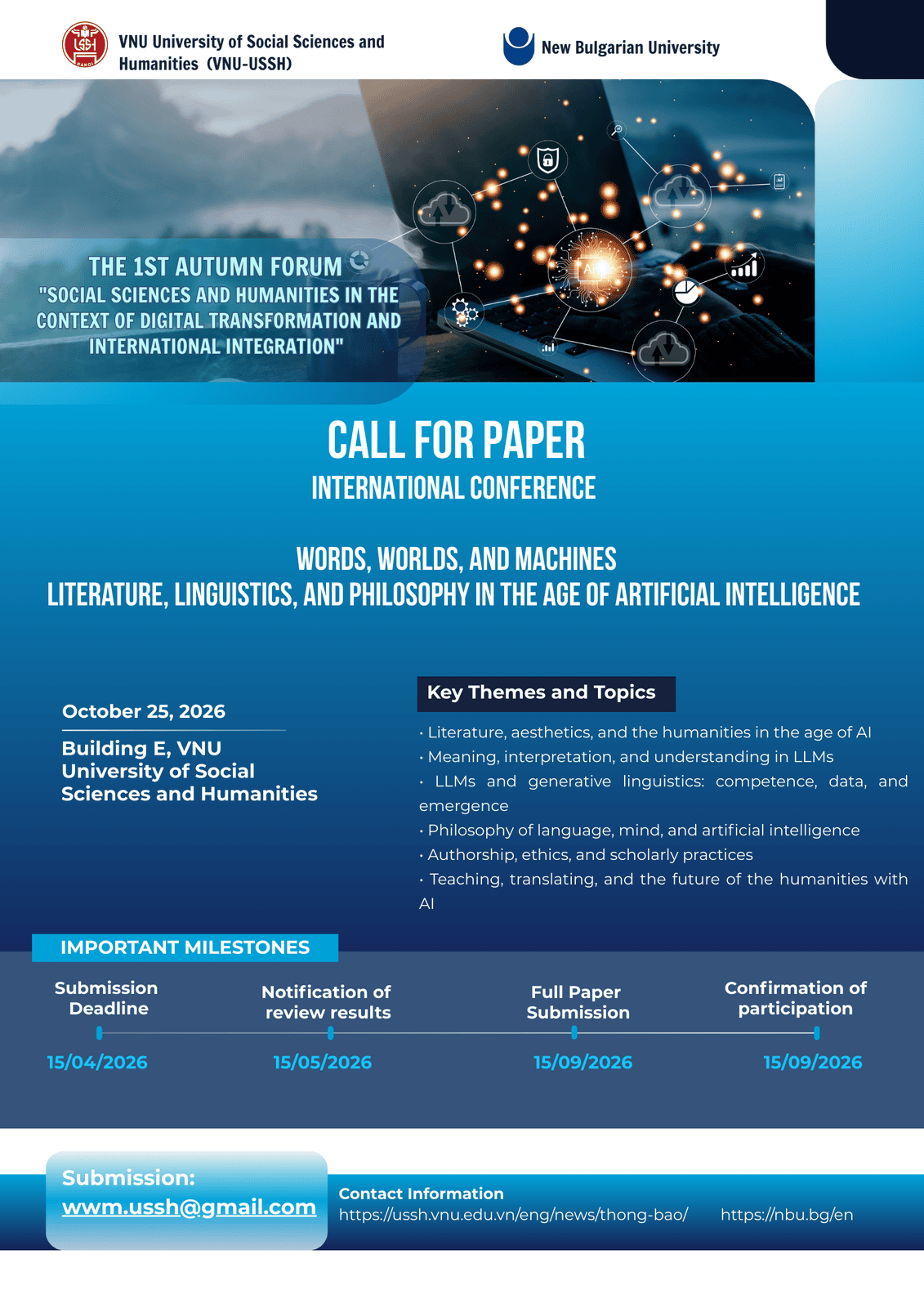 CALL FOR PAPER 
​International Conference
Words, Worlds, and Machines: Literature, Linguistics, and Philosophy in the Age of Artificial Intelligence

